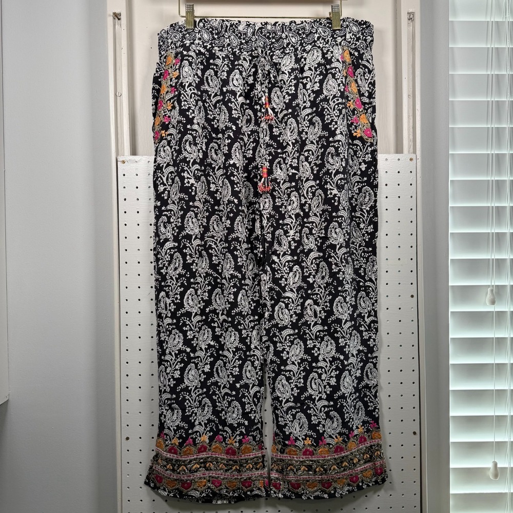 Calypso Wide Leg Pants Women's Black White Paisley Embroidered Tasseled - Medium